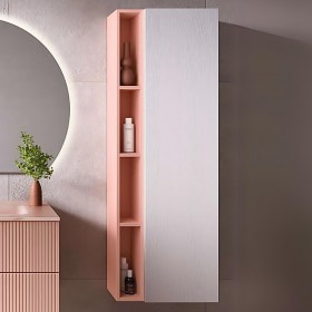 Colonna bagno multiuso sospesa h160 con anta e vani a giorno - Finitura Rosa opaco / Bianco Nordico